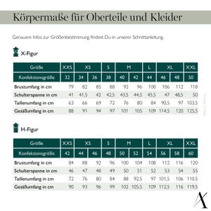 K&ouml;nnte beinhalten: Eine Tabelle mit K&ouml;rperma&szlig;en f&uuml;r Oberteile und Kleider in Zentimetern f&uuml;r verschiedene Gr&ouml;&szlig;en, beschriftet mit "X-Figur" und "H-Figur". Die Tabelle enth&auml;lt Ma&szlig;e f&uuml;r Brustumfang, Schulterbreite, Taillenumfang und H&uuml;ftumfang.