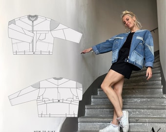 Sewing pattern and instructions for jeans jacket Fittonia | Upcycling jacket made from old trousers for women and men, unisex