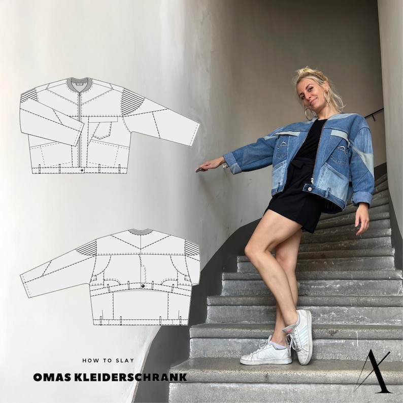 K&ouml;nnte beinhalten: Eine Schwarzwei&szlig;zeichnung einer verk&uuml;rzten Jeansjacke mit Rei&szlig;verschluss und Taschen. Die Zeichnung ist &uuml;berlagert mit einem Foto einer Person, die eine Jeansjacke und schwarze Shorts tr&auml;gt und auf einer Treppe steht.
