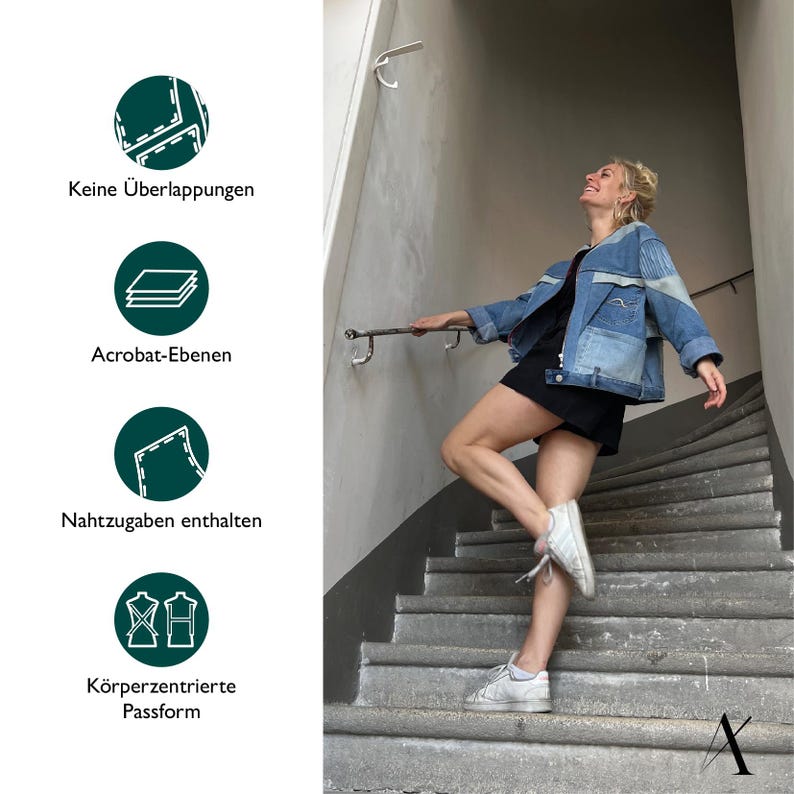 K&ouml;nnte beinhalten: Eine Frau in einer Jeansjacke und schwarzen Shorts steht auf einer Treppe. Das Bild enth&auml;lt vier Symbole mit Text in Deutsch, die die Eigenschaften eines Kleidungsst&uuml;cks beschreiben: "Keine &Uuml;berlappungen", "Acrobat-Ebenen", "Nahtzugaben enthalten" und "K&ouml;rperzentrierte Passform".