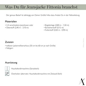 K&ouml;nnte beinhalten: Eine Liste der Materialien und Ger&auml;te, die f&uuml;r die Herstellung einer Jeansjacke ben&ouml;tigt werden. Die Liste umfasst Stoff, Einlage, Rei&szlig;verschluss, Garn und eine N&auml;hmaschine. Der Text im Bild lautet "Was Du f&uuml;r Jeansjacke Fittonia brauchst", was &uuml;bersetzt "Was du f&uuml;r eine Fittonia Jeansjacke brauchst" bedeutet.