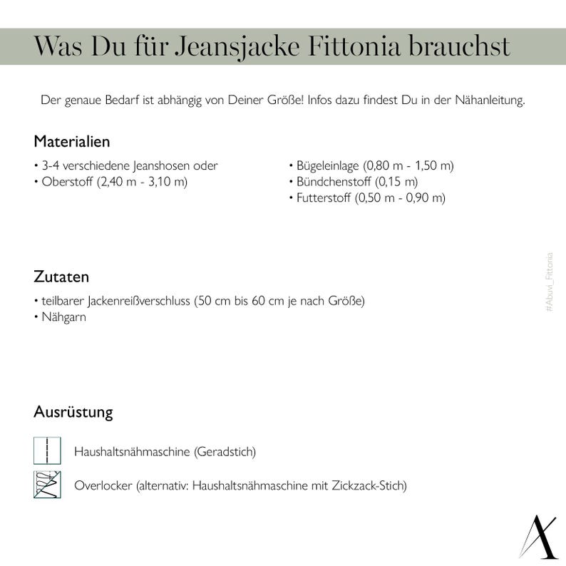 K&ouml;nnte beinhalten: Eine Liste der Materialien und Ger&auml;te, die f&uuml;r die Herstellung einer Jeansjacke ben&ouml;tigt werden. Die Liste umfasst Stoff, Einlage, Rei&szlig;verschluss, Garn und eine N&auml;hmaschine. Der Text im Bild lautet "Was Du f&uuml;r Jeansjacke Fittonia brauchst", was &uuml;bersetzt "Was du f&uuml;r eine Fittonia Jeansjacke brauchst" bedeutet.