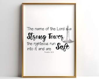 Scripture Gallery Wall Art Proverbs 18 10, The Name Of The Lord Christian Prints, Inspirational Prints, Minimalist Farmhouse Bible Verse