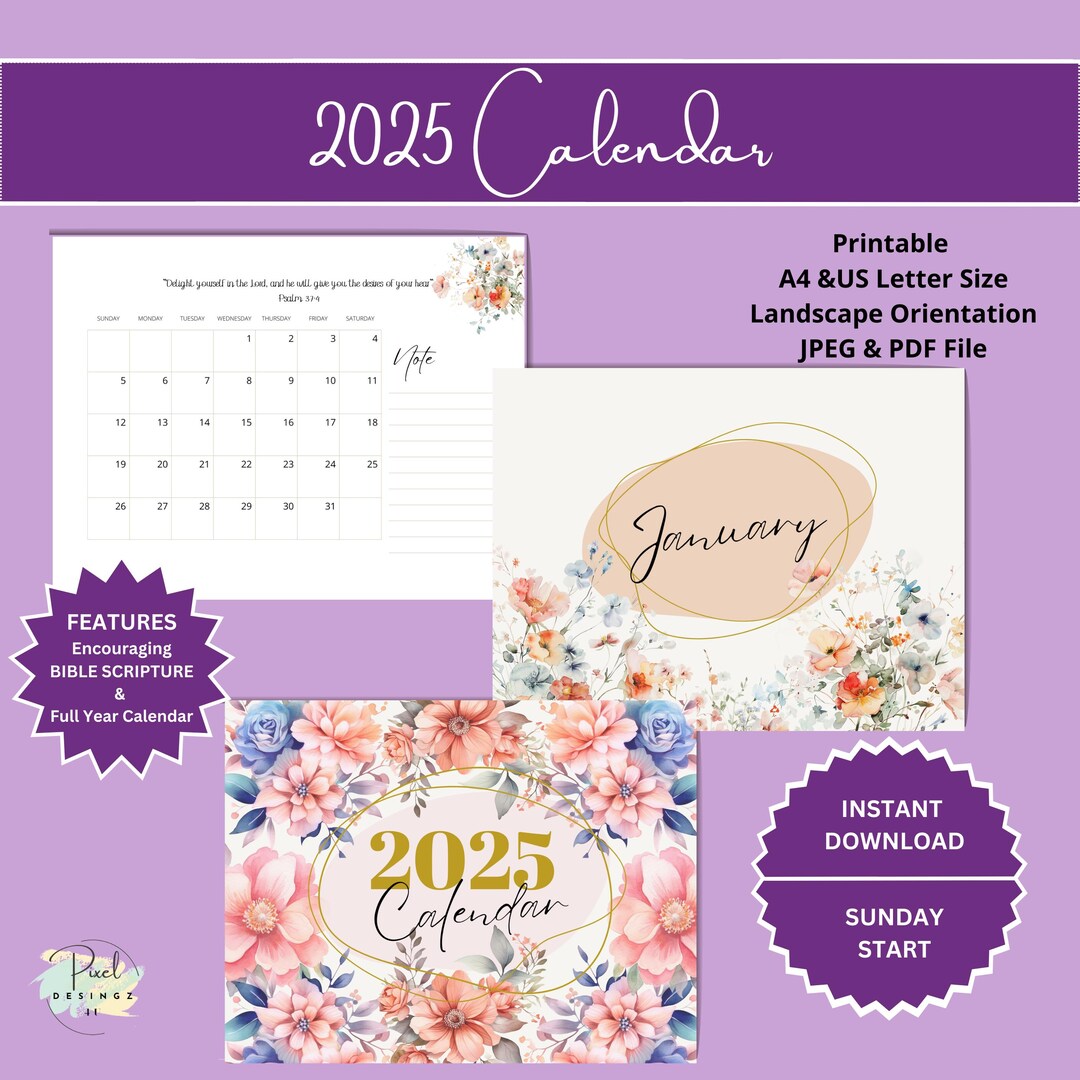 2025 Wildflower Floral Scripture Calendar,digital Printable Landscape ...