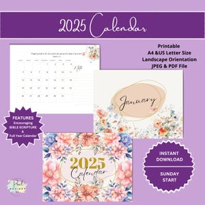 Calendario floral de flores silvestres 2025, formato horizontal para imprimir digitalmente, tamaño carta de EE. UU. A4, inicio en domingo, decoración de oficina y calendario mensual de escritorio de pared