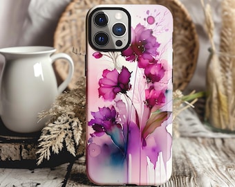 Purple Floral Alcohol Ink iPhone Case: Abstract Boho Design