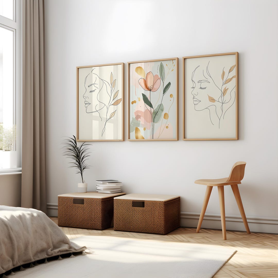 Modern Minimalist Floral Line Art Portrait Set of 3| Female Wall Art ...