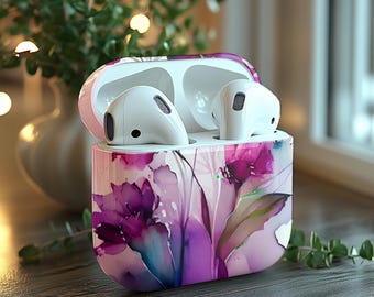 Floral Alcohol Ink AirPods Case: Purple Flower Design, Protective Cover