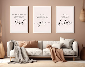 Bible Verse Wall Art Set of 3 Prints, Aesthetic Christian Decor Bundle, Inspirational Scripture Prints, Jeremiah 29:11