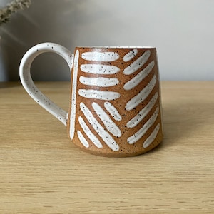 White Handmade Ceramic Mug | Geometric Abstract Design Coffee Cup | Minimalist Style Pottery | Mid Modern Tea Cup
