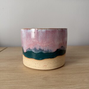Multicolor Drippy Glaze Pottery Planter | Medium Sized Handmade Ceramic Pot with Drainage Holes | Pink Blue Wheel Thrown Indoor Planter