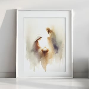 Minimalistyczna scena Narodzenia Akwarela - Boże Narodzenie Jezus, Miękki Pastel Cyfrowy Wydruk Artystyczny | Pobieranie Cyfrowe #98