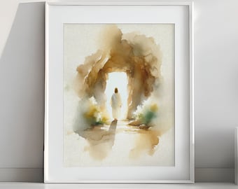 Impresión en acuarela de Él ha resucitado: Tumba vacía, arte de Jesús (descarga digital)
