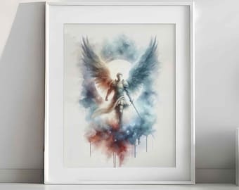 May include: A watercolor painting of an angel with wings spread wide, holding a sword. The angel is standing on a cloud with a moon in the background. The painting has a blue, white, and red color scheme.