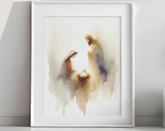 Minimalist Nativity Scene Watercolor - Christmas Jesus, Soft Pastel Digital Art Print | Digital Download #98