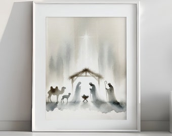 May include: A watercolor painting of the nativity scene with a star above the manger. The figures are silhouetted in a soft, misty background.