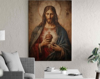 Sacred Heart of Jesus - Traditional Christian Iconography Digital Art, Rustic Divine Light Canvas Print - DIGITAL DOWNLOAD #229