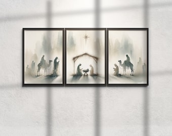 Puede incluir: Un conjunto de tres pinturas de acuarela que representan la escena de la Natividad. El primer panel muestra tres figuras acercándose a un establo en camellos. El segundo panel muestra a la Sagrada Familia en el establo. El tercer panel muestra una figura arrodillada en oración.