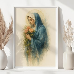 Blessed Virgin Mary Digital | Marian Watercolor Art, Mother Mary Painting | Catholic Wall Art Print | Lady of Grace | DIGITAL DOWNLOAD #424