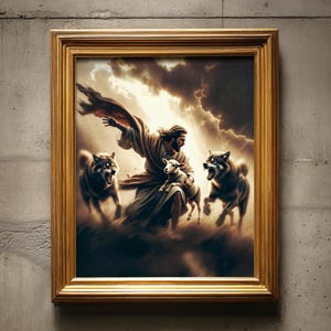 May include: A framed religious artwork shows a figure in robes, holding a lamb, with two wolves and a dramatic sky background. The gold frame enhances the artwork's presentation. The artwork is displayed against a textured grey wall.