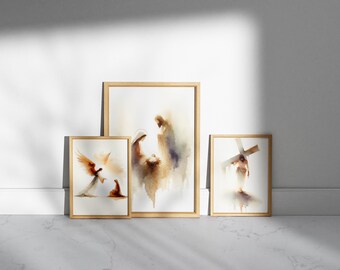 Set Of 3 Minimalist Nativity Scene Watercolor - Journey of Jesus - Ethereal Angel and Mary | Digital Download #178