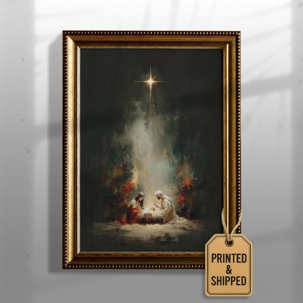 Holy Family Nativity Painting | Bethlehem Night Scene | Catholic Christmas Wall Art | Religious Canvas Print