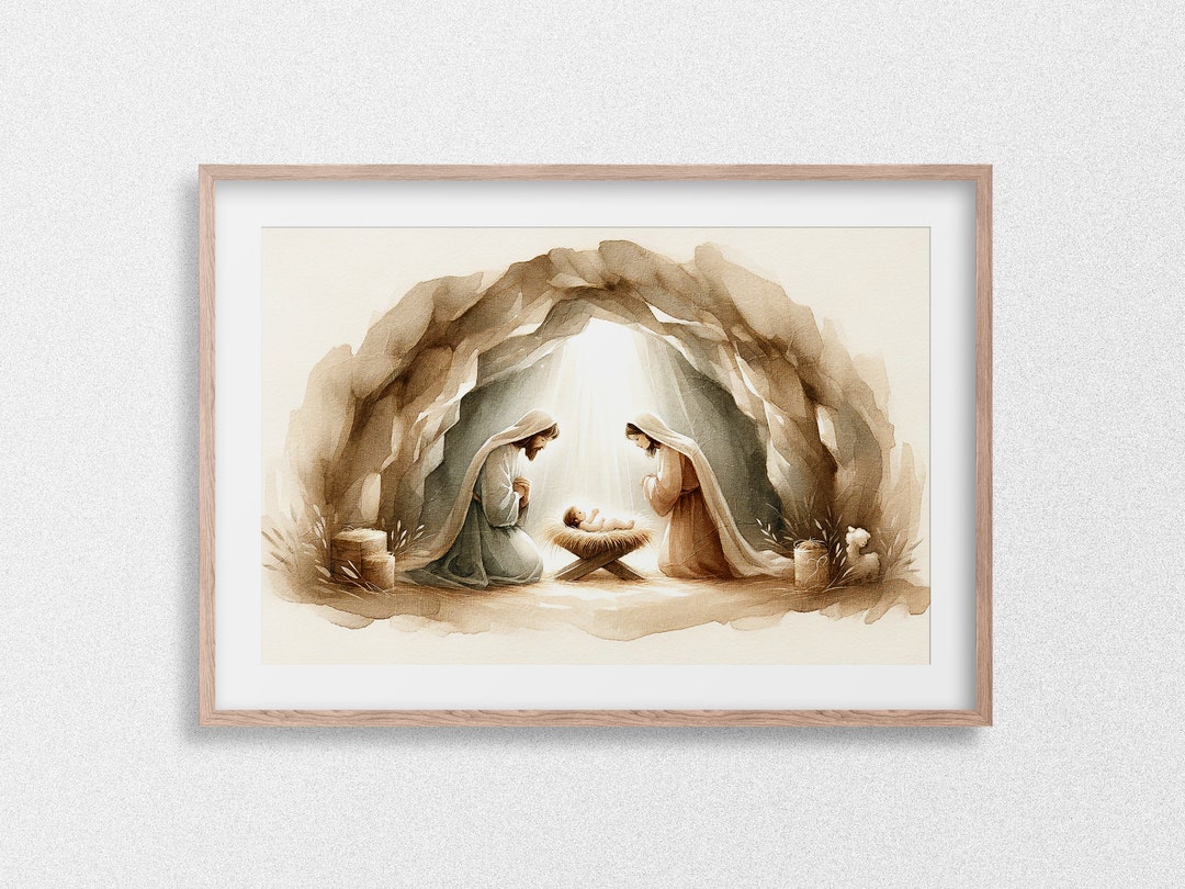 Serene Nativity Scene Watercolor Minimalist Holy Family With Baby Jesus