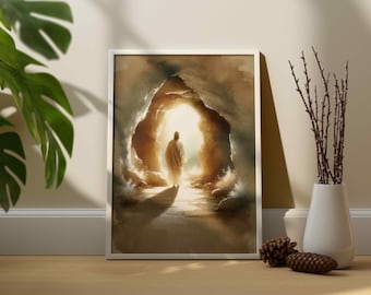 May include: A watercolour painting of a person in white robes walking out of a cave towards a bright light.