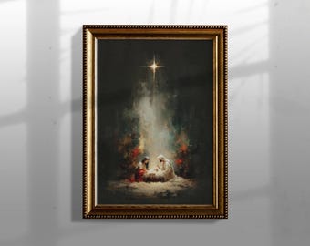 May include: A framed painting depicting a religious scene. The artwork features a star shining above a bright light, illuminating a couple and a baby. The painting has a dark background with a gold frame.