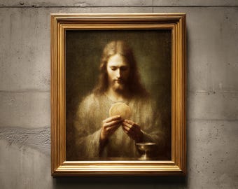 Jesus Holding the Eucharist | Bread of Life Portrait | Vintage Digital Oil Painting with Aged Texture | Catholic Sacrament Wall Art 586