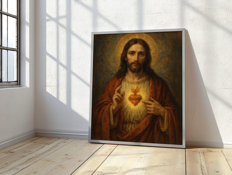 May include: Framed religious artwork depicting a figure with long hair and a beard, wearing a red robe. A glowing heart is visible on the chest. The artwork is set against a dark background with a golden halo.