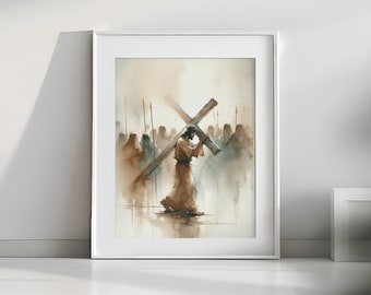 May include: A watercolour painting depicting a man carrying a wooden cross, surrounded by a crowd of people. The painting is executed in shades of brown and grey, with a soft, ethereal background.
