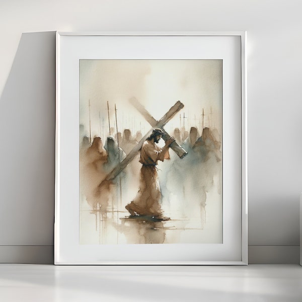Sepia toon aquarel van Christus die het kruis draagt - aangrijpend en emotioneel kunstwerk, verticale kunst | Digitale download #176