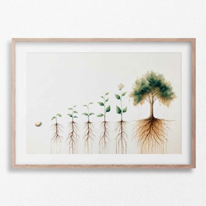 Peut inclure: Une peinture à l'aquarelle représentant le cycle de vie d'un arbre, d'une seule graine à un arbre mature avec des racines et des branches. La peinture est encadrée dans un cadre en bois clair.