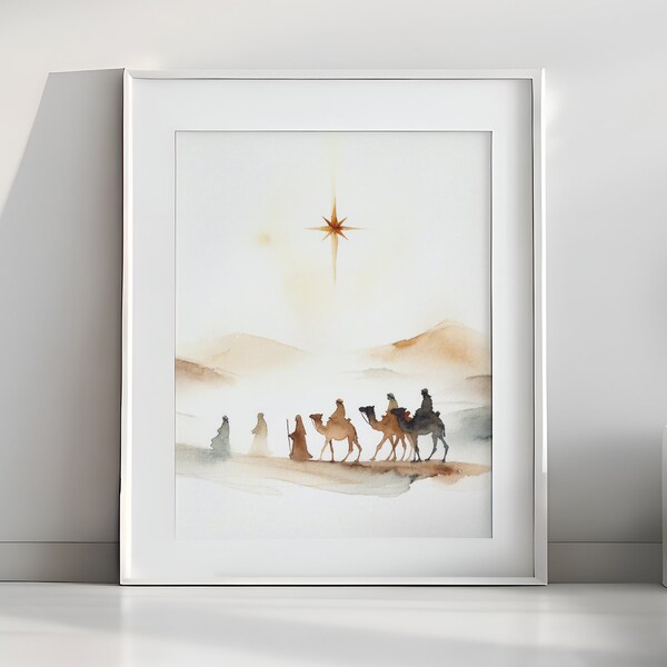 Minimalist Wise Men's Journey Watercolor - Serene Desert Scene with the Star of Bethlehem, Jesus art, Nativity art | Digital Download #173