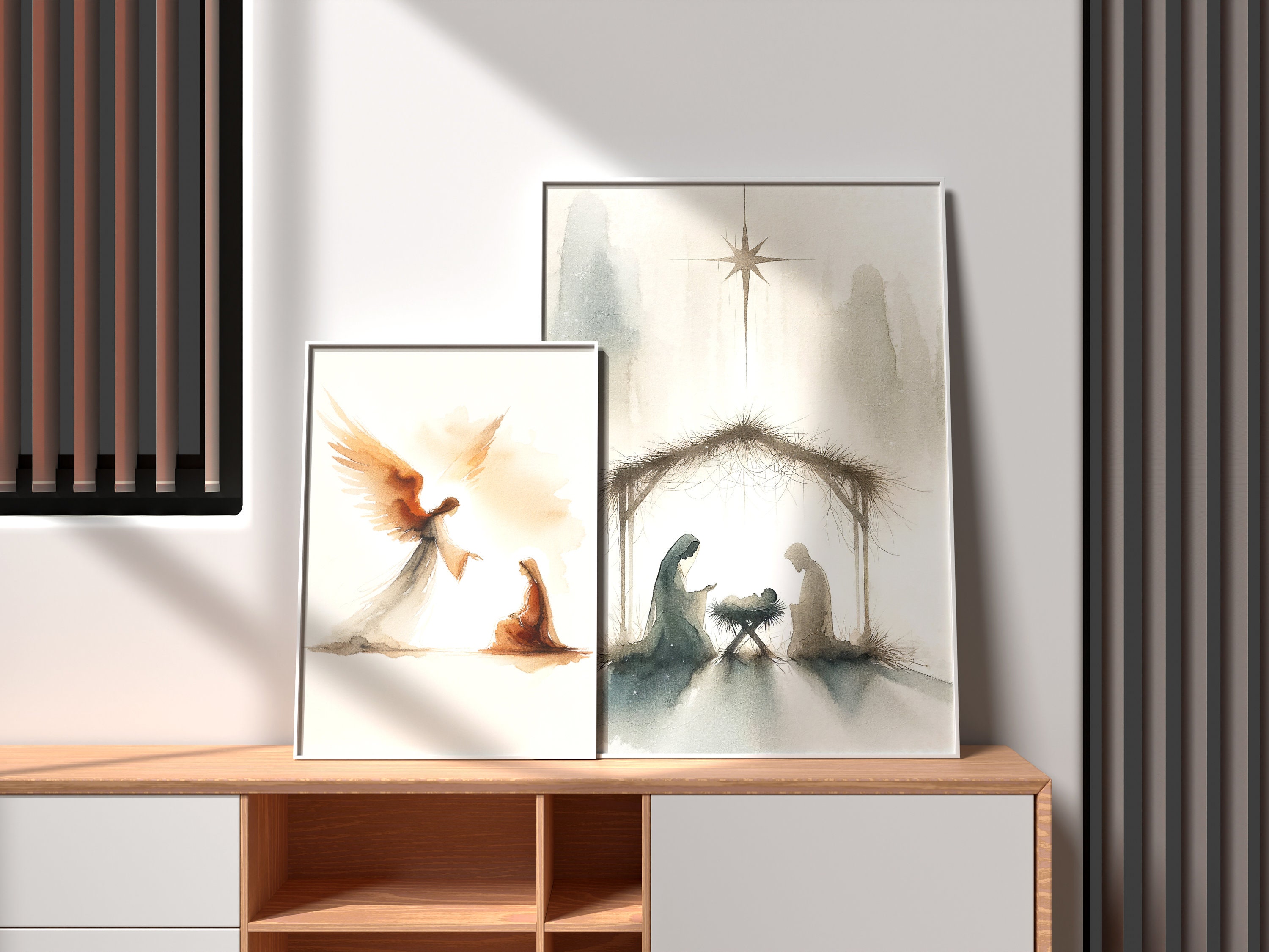 Set of 2 Minimalist Nativity Scene Art Minimalist Annunciation Ethereal ...