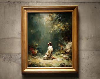 Jesus Praying in Gethsemane Art, Vintage Catholic Wall Decor, Agony in the Garden Painting, Divine Light Christian Print, Religious Gift 594
