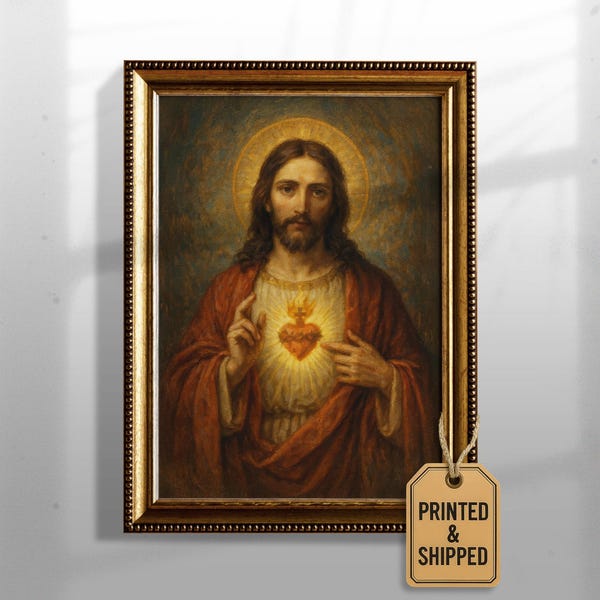 Arte del Sagrado Corazón de Jesús - Decoración de pared católica / Impresión en lienzo de Jesucristo / Pintura de fe cristiana / Regalo religioso para el hogar