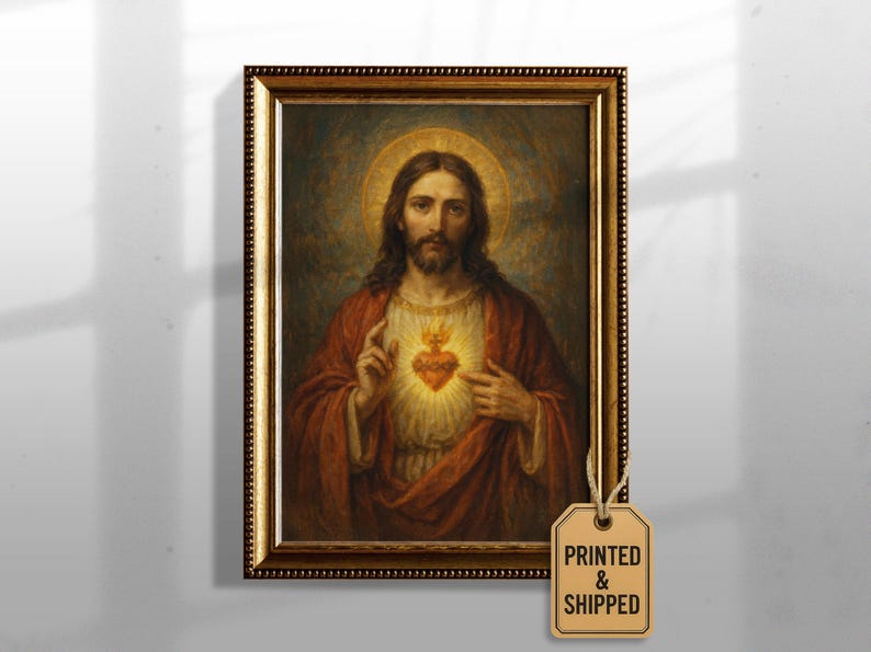 May include: A framed religious portrait featuring a man with long hair and a beard, wearing a red robe. A golden halo surrounds his head. A flaming heart is visible on his chest. The frame is gold with a textured design. A tag that says "PRINTED & SHIPPED" is attached.