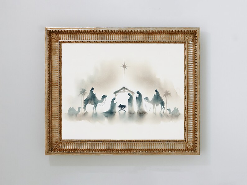 Serene Nativity Scene Watercolor Minimalist Holy Family With Baby Jesus