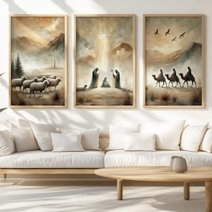 Set van 3 kerststallen met aquarelprints: zachte pastelkleurige kerstkunst (digitale download)