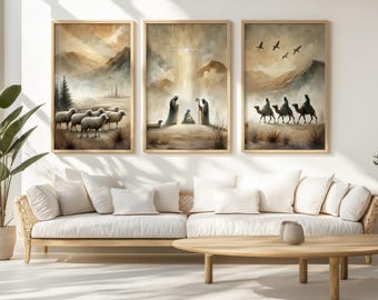 Set of 3 Nativity Scene Watercolor Print Set: Soft Pastel Christmas Art (Digital Download)