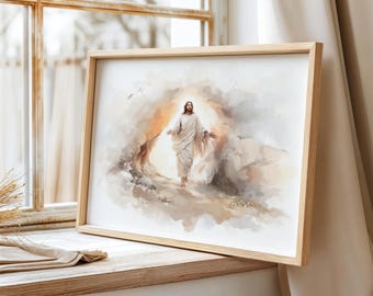Risen Christ Resurrection Painting | Jesus Emerging from Empty Tomb | Easter Christian Wall Art | Catholic Faith Decor 549
