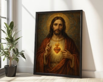 Sacred Heart of Jesus - Traditional Christian Iconography Digital Art, Rustic Divine Light Canvas Print - DIGITAL DOWNLOAD #409