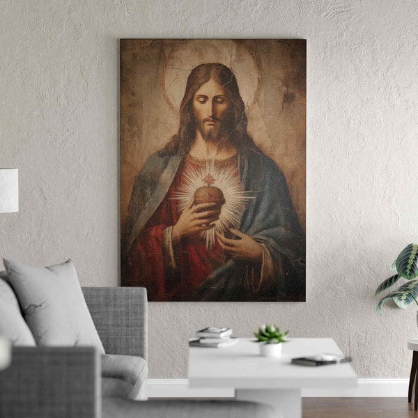 Sacred Heart of Jesus - Traditionelle christliche Ikonographie Digitale Kunst, rustikales göttliches Licht Leinwanddruck - DIGITAL DOWNLOAD #229