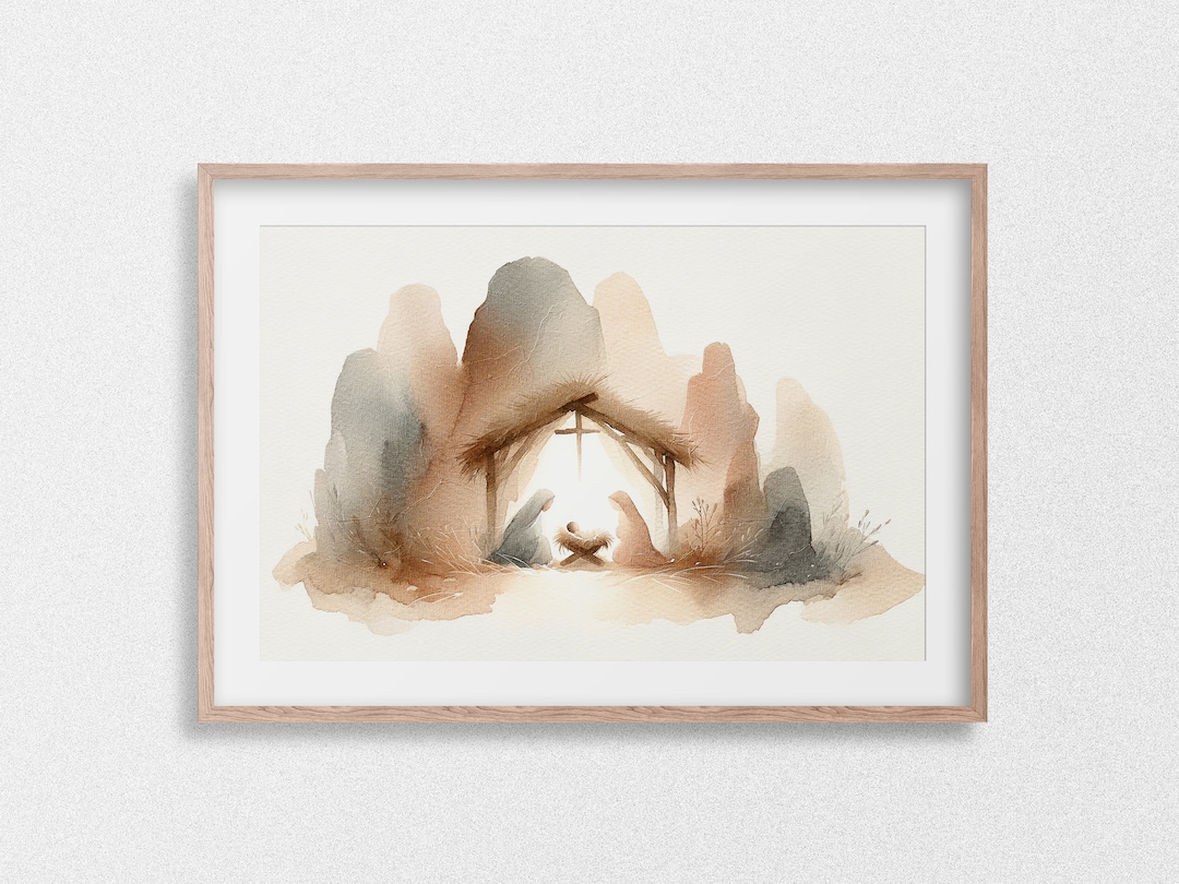 Minimalist Nativity Scene Watercolor Christmas Jesus, Soft Pastel