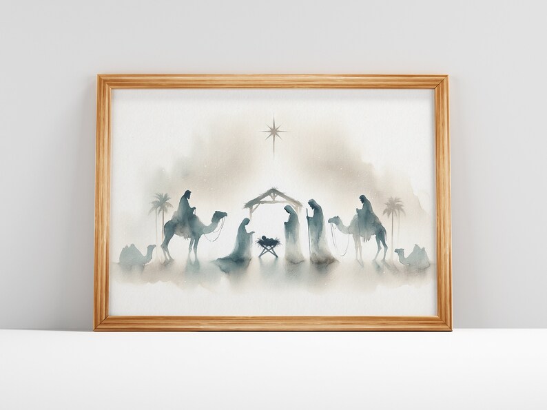 Serene Nativity Scene Watercolor Minimalist Holy Family With Baby Jesus