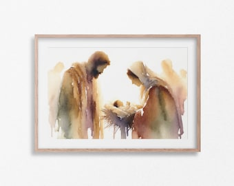May include: Watercolor painting of the Nativity scene, framed in light wood. Joseph and Mary are depicted in warm tones, gazing at the baby Jesus in a manger. Soft, blurred figures suggest angels in the background, creating a serene, spiritual atmosphere.