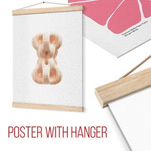 May include: A vertical poster with a light wood hanger displays a beige, abstract sculpture against a white background. The poster is held by a wooden hanger. The text "POSTER WITH HANGER" is printed in red at the bottom.