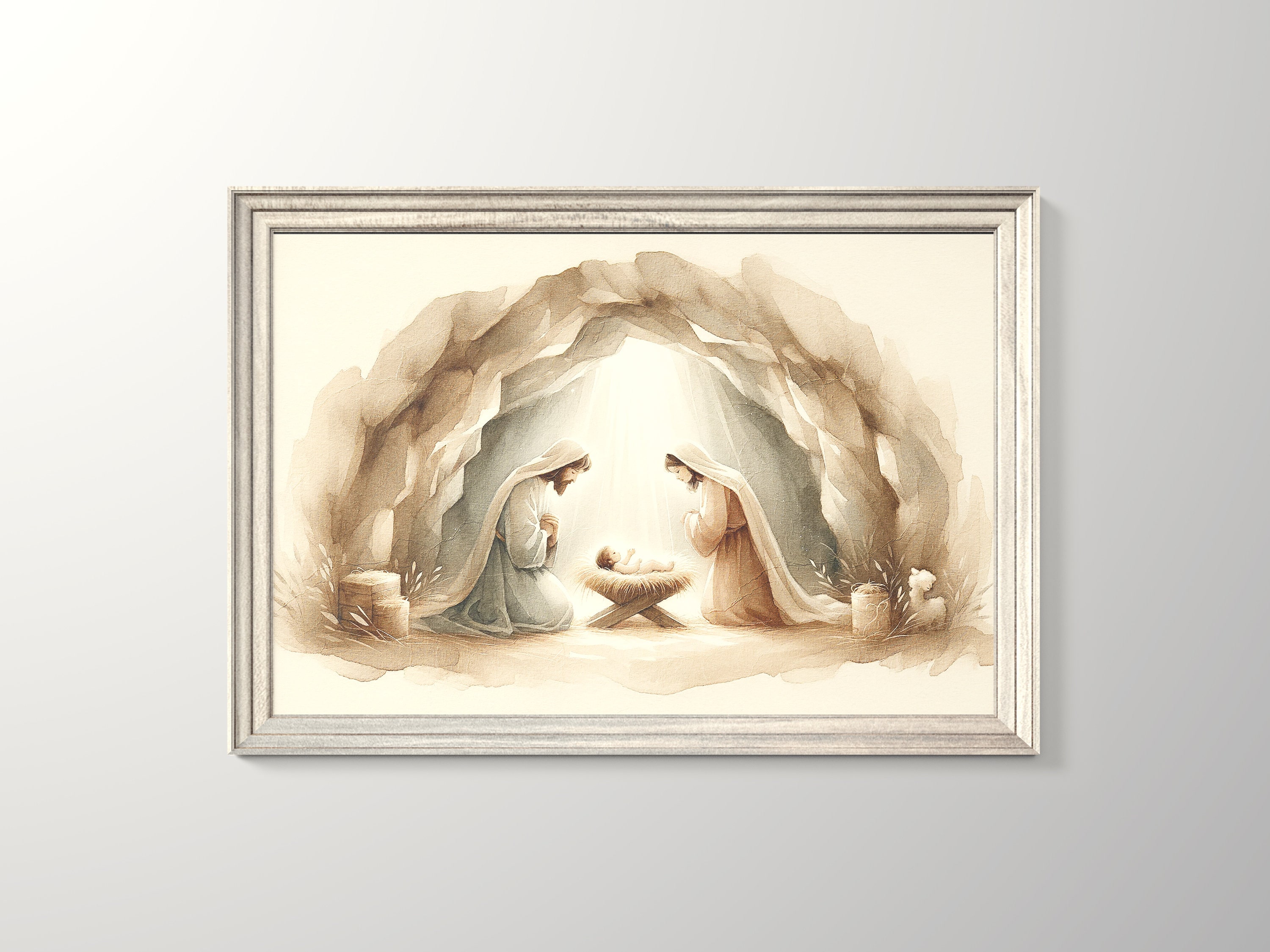 Serene Nativity Scene Watercolor Minimalist Holy Family With Baby Jesus